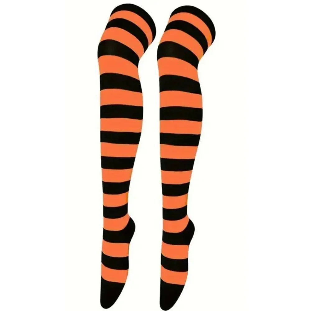 Halloween Orange & Black Striped Thigh-High Socks Costume Over-The-Knee